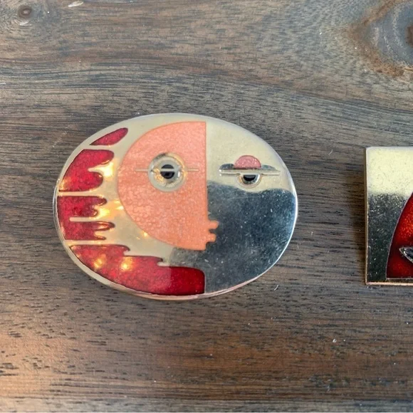 Pair Brooch De Passille Sylvestre Enamel Vintage MCM Made in Canada Face Flower - Picture 12 of 14